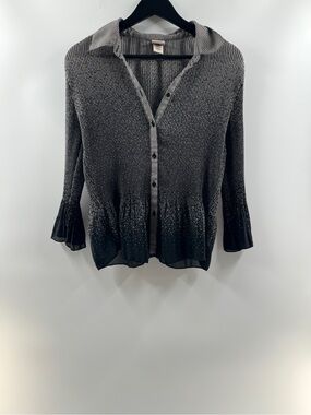 Covington Black & Gray Pleated Sheer Button Up Blouse – Women's Small
